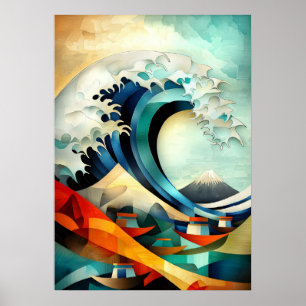 Poster A Grande Onda de Kanagawa - Cubista Minimalista