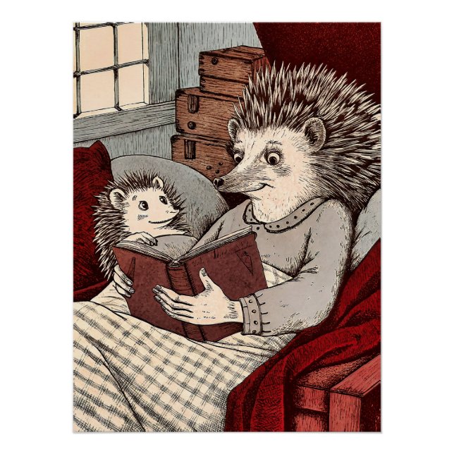 Pôster A hedgehog in a blanket reading a book to a young  (Frente)