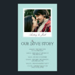 Pôster A história do amor do casamento azul de Robin<br><div class="desc">Esta poster azul de ovo do robin faz uma decoração engraçada e fofa na sua recepção de casamento, onde seus convidados podem ler todos os passos que levam até o dia do seu casamento. Seu primeiro encontro, seu primeiro beijo, a proposta... Adicione uma foto romântica de vocês dois, com seus...</div>