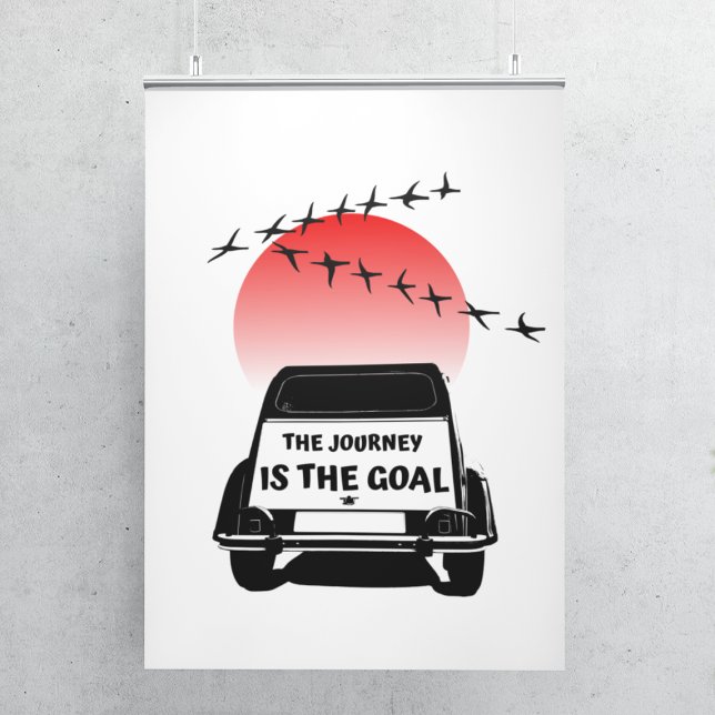 Poster A jornada é o objetivo Sunset - Vidtimer 2CV (2CV Poster in White with a Red Sunset and Birds Illustration)