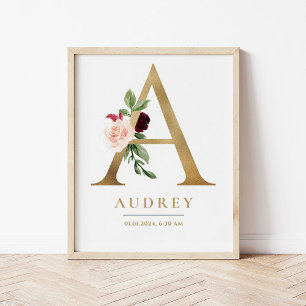 Poster A - Letra Monograma Nome Marsala Floral Nursery