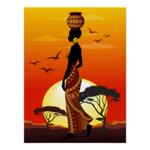 Pôster A linda mulher africana Silhouette sobre os sóis a