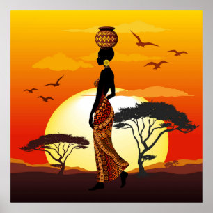 Poster A linda mulher africana Silhouette sobre os sóis a