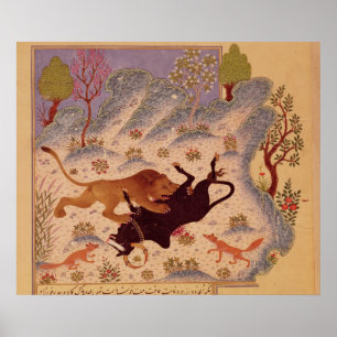 Poster A Lion Attacking and Killing a Bull