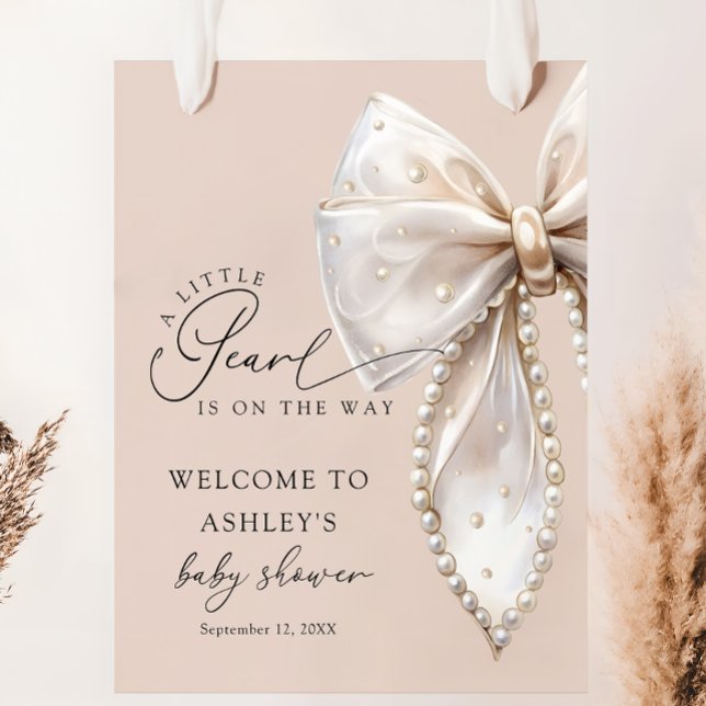 Poster A Little Pearl Beige Bow Baby Shower Welcome  (Criador carregado)