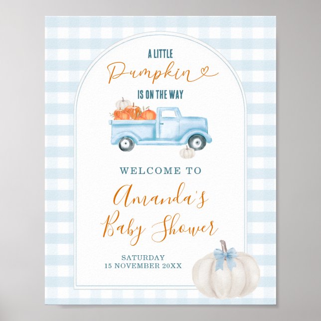 Poster A Little Pumpkin Blue Truck Baby Shower Welcome (Frente)