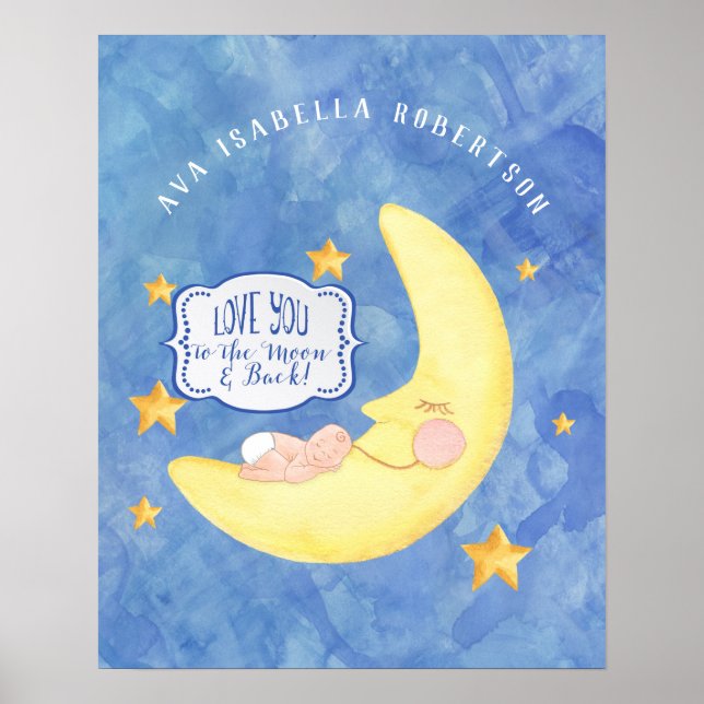 Pôster À Lua n Traseiro Nome Bebê Modelo Watercolor (Frente)