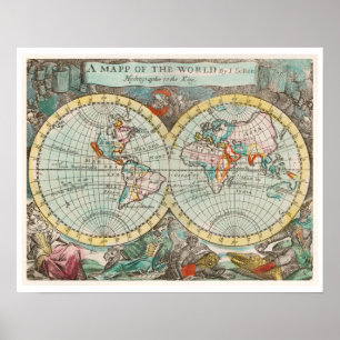 POSTER "A MAPP OF THE WORLD" 1682, POR JOHN PLAYFORD