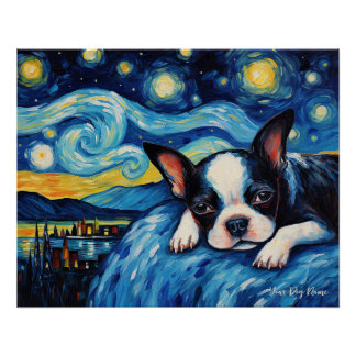 Pôster A noite estrelada - Boston Terrier Dog 003 - Qian 