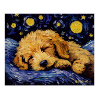 Pôster A noite estrelada - Cachorro Goldendoodle 001 - Va