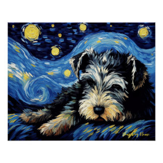 Pôster A noite estrelada - Cachorro Schnauzer 003 - Qian