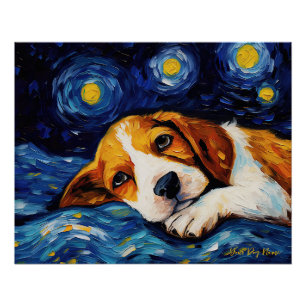 Pôster A noite estrelada - Cão Beagle 001 - Qian wan Gogh
