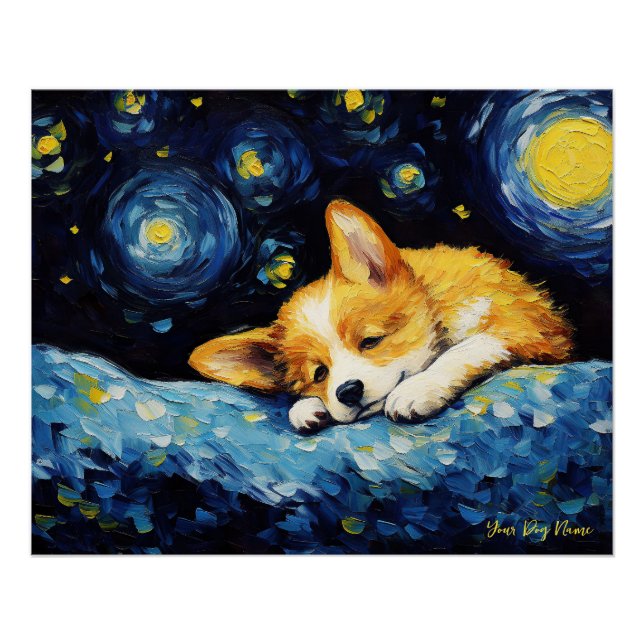 Pôster A noite estrelada - Cão galês Corgi 003 - Qian wan (Frente)