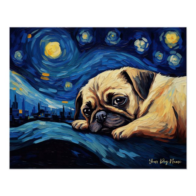 Pôster A noite estrelada - Cão Pug 002 - Qian wan Gogh (Frente)
