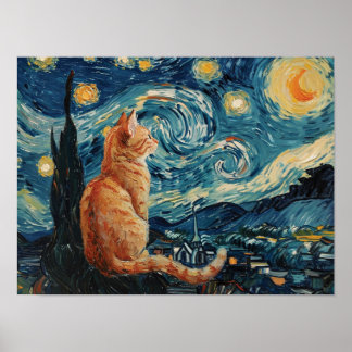 Poster A Noite Estrelada Vincent van Gogh com Cat