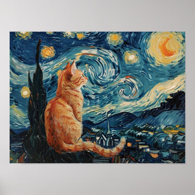 Poster A Noite Estrelada Vincent van Gogh com Cat (Frente)