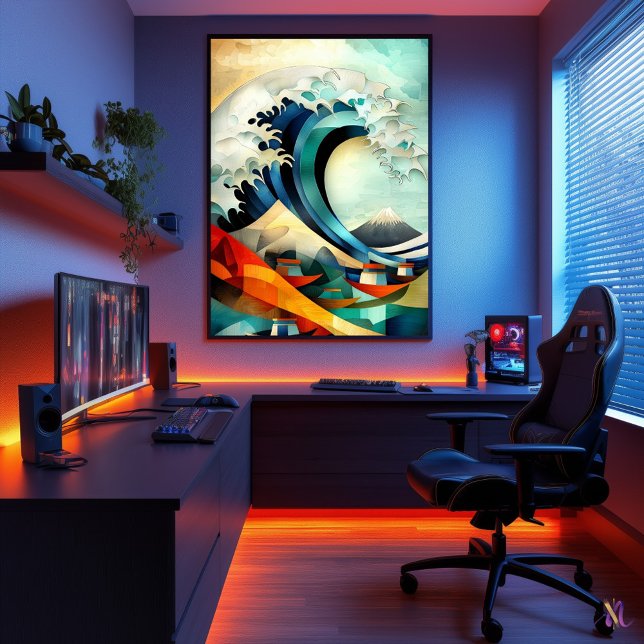 Poster A onda Excelente de Kanagawa - Minimalista Cubista (Criador carregado)