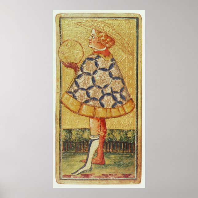 Pôster A Página das Moedas, de um pacote de cartões tarot (Frente)