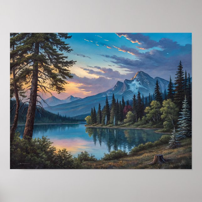 Poster A painting of a mountain lake and trees in evening (Frente)