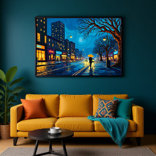 Pôster A paisagem urbana com guarda-chuva amarelo