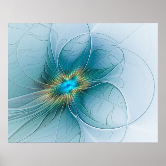 Poster A pequena Bela Flor Fractal Dourada Azul Moderna (Frente)