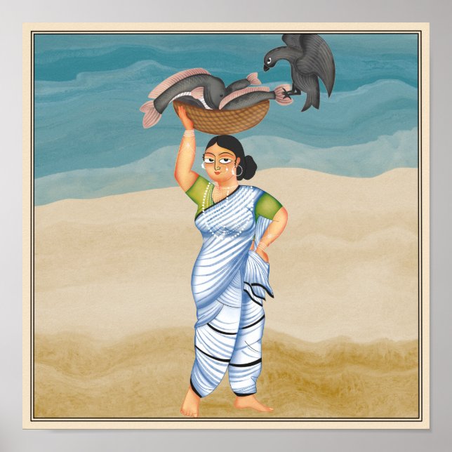 Poster A pescadora de Arte Kalighat de Bengal (Frente)