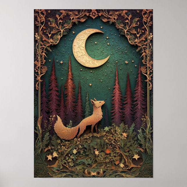 Poster A Raposa | Arte da Floresta Noturna Primavera (Frente)