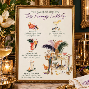 Poster A Sociedade Sazerac Menu de Coquetel do Mardi Gras