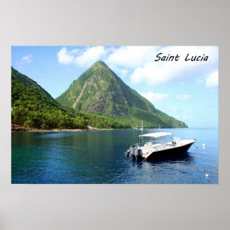 Poster A speedboat in front of the Pitons in Saint Lucia