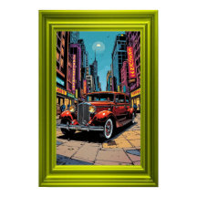 A vibrant retro-style artwork featuring a classic 