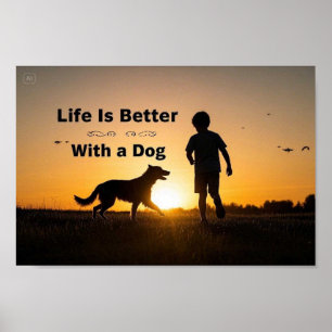 Poster A vida é melhor com um cão, rapaz, pôr do sol