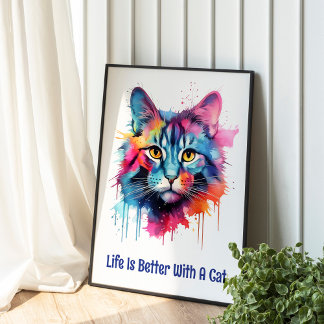 Poster A vida é melhor com um gato. Gato colorido bonito