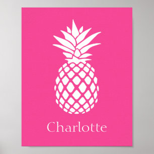 Poster Abacaxi Branco Préppy sobre Rosa