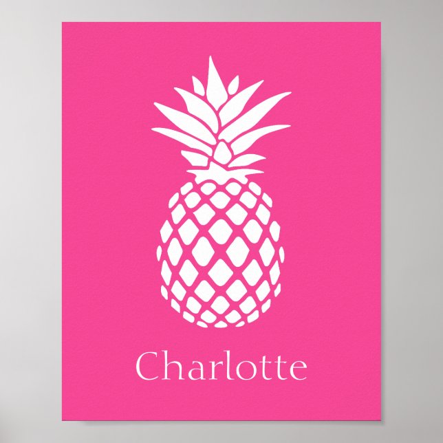 Poster Abacaxi Branco Préppy sobre Rosa (Frente)