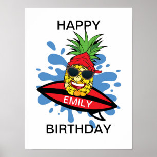 Poster Abacaxi de Surfe de Aniversário Engraçado