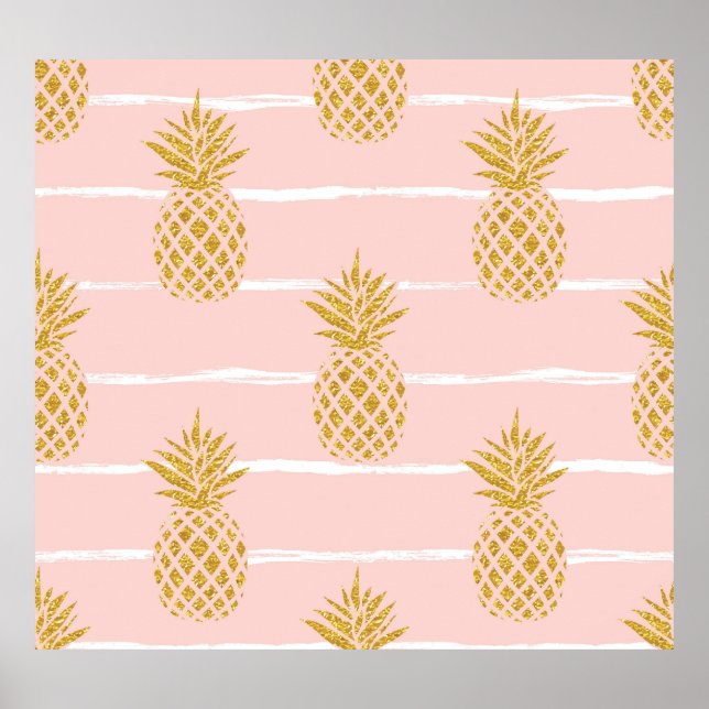 Poster Abacaxi Dourado, fundo de verão em Striped. (Frente)