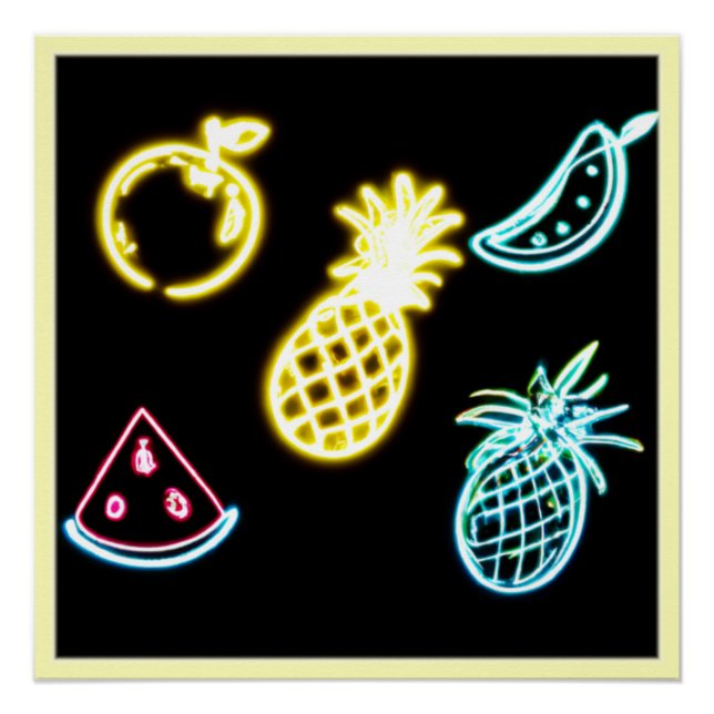 Pôster Abacaxi e Neon Fruta Tropical (Frente)