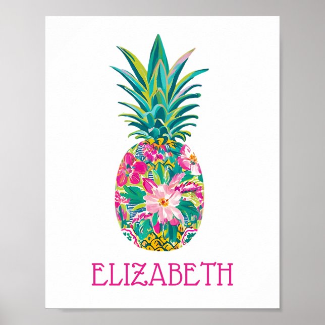 Poster Abacaxi Floral Rosa e Verde Tropical (Frente)
