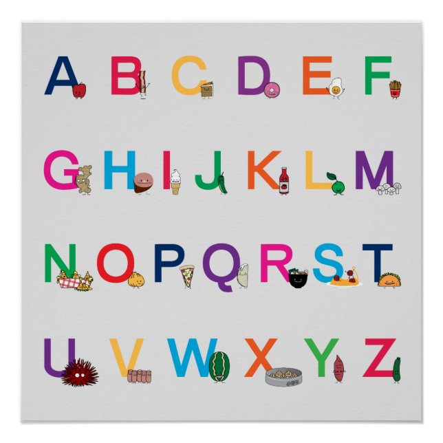 Pôster ABC Alphabet Learning letters Happy Comida Design (Frente)
