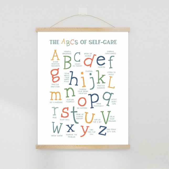 Poster ABC de autoatendimento (ABCs of self care, positive self talk, counselor office, positive affirmations, mindset posters)