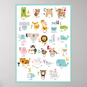 Poster ABCs Coloridos   Alfabeto Animal Moldura Turquesa
