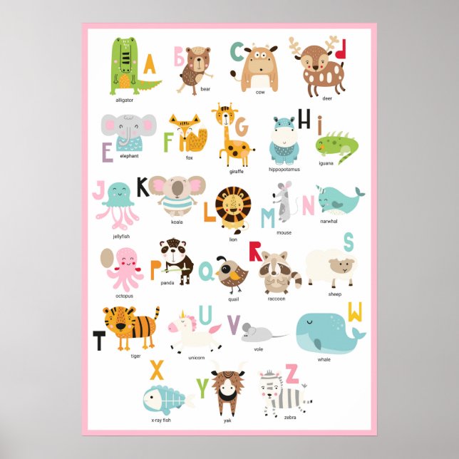 Poster ABCs Fofos | Alfabeto Animal Colorido com Moldura  (Frente)