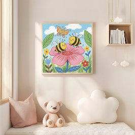 Poster Abehas e Borboleta Fofo Dançando Desenho a Lápis d