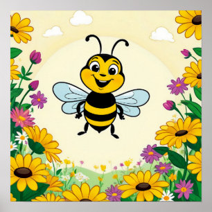 Poster Abeia Feliz Em Flores Coloridas