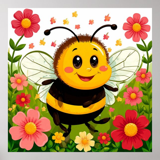 Poster Abeja de desenho animado alegre rodeada por flores (Frente)