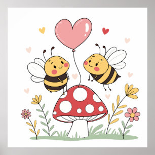 Poster Abejas de Dibujos Animados Lindas con Globo Aerost