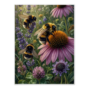 Pôster Abejas En Coneflowers Diseño Botánico Polinizador