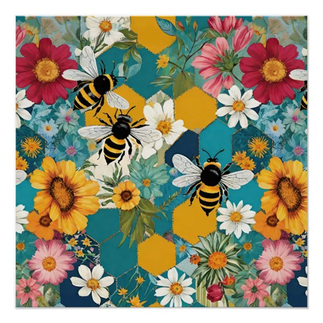 Pôster Abejas y Florales Patrón de abeja flor (Frente)