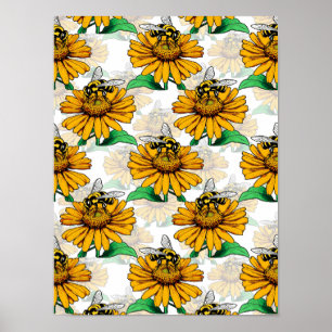Poster Abelha na Design de padrão de flores de girassol