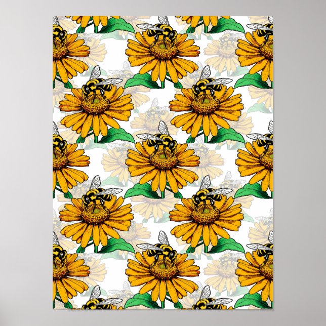 Poster Abelha na Design de padrão de flores de girassol (Frente)